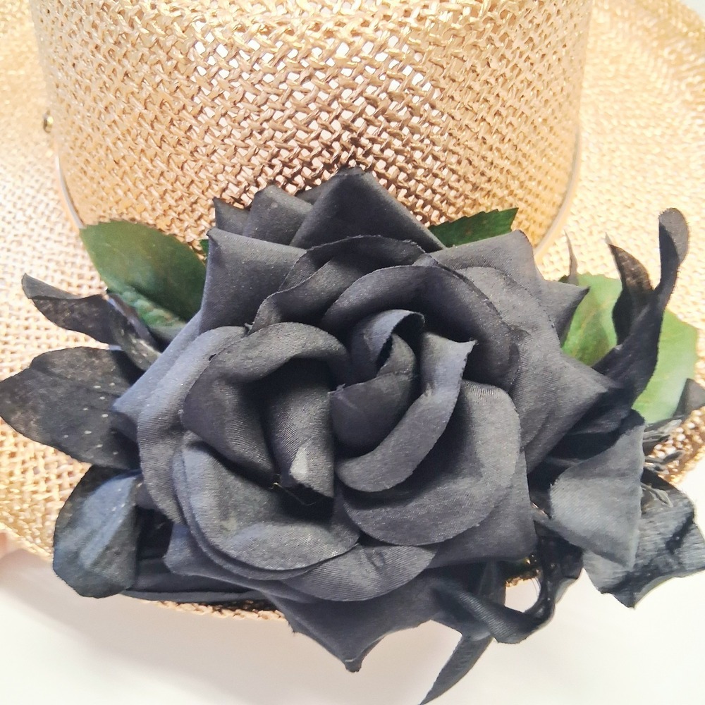 Y2K VTG Straw Boater Hat Gold Stiff Rigid Crown Black Flower Small/Medium EUC - Picture 10 of 12